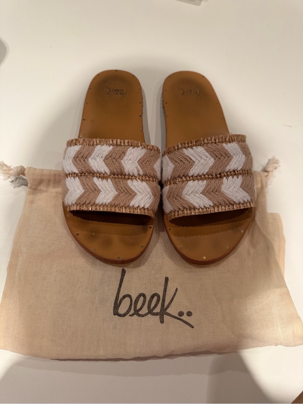 beek Tan and White Woven Chevron Slide Sandals